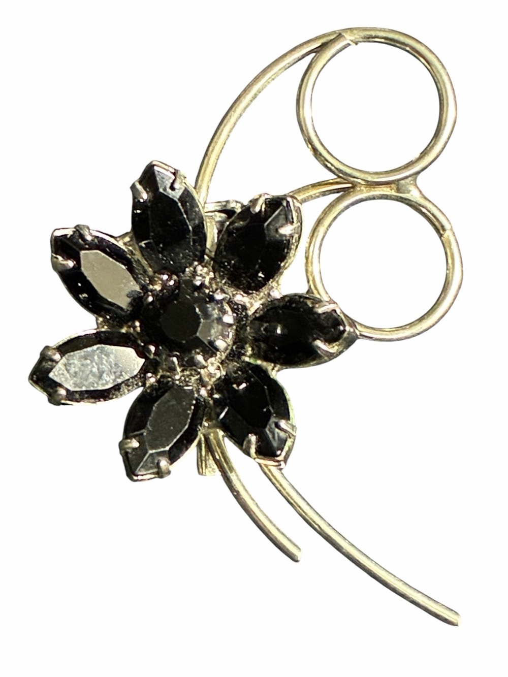 Vintage Black Rhinestone Flower Silver Tone Brooch - Women Jewelry